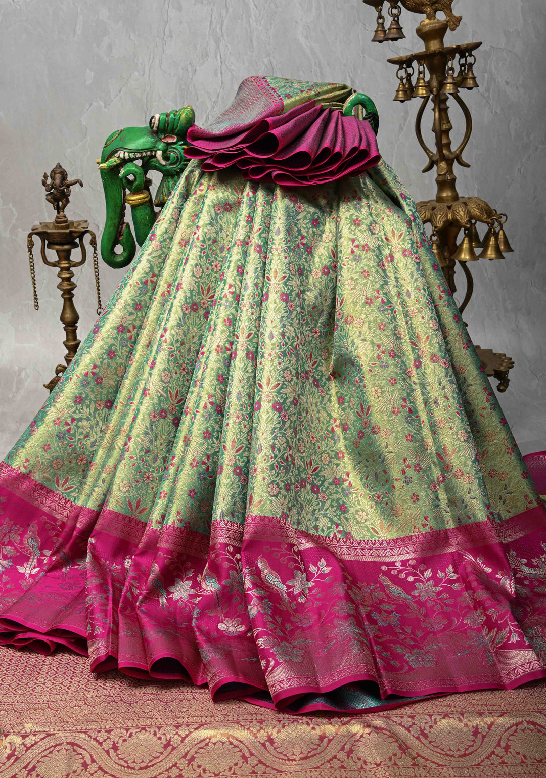 Green Tissue Kanjivaram Silk Saree with Meenakari Floral Brocade Jaal and Contrast Parsi Gara Border | SILK MARK CERTIFIED