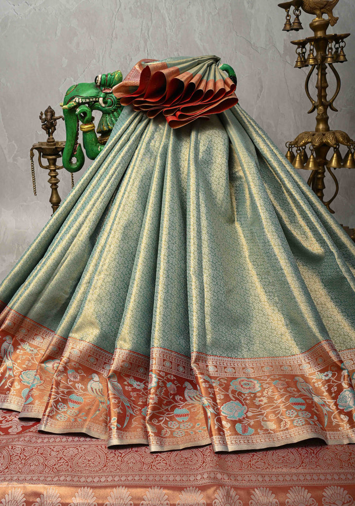 Mint Green Rangoli Brocade Kanjivaram Tissue Semi Silk Saree with Meenakari Zari Border