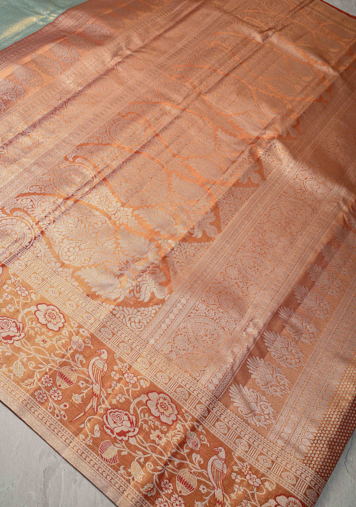 Mint Green Rangoli Brocade Kanjivaram Tissue Semi Silk Saree with Meenakari Zari Border