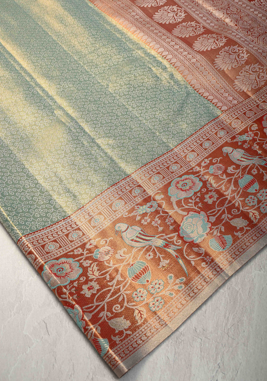 Mint Green Rangoli Brocade Kanjivaram Tissue Semi Silk Saree with Meenakari Zari Border