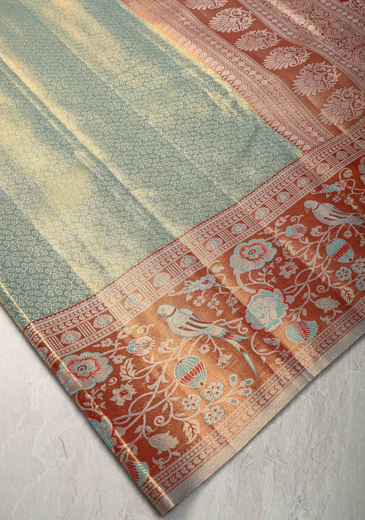 Mint Green Rangoli Brocade Kanjivaram Tissue Semi Silk Saree with Meenakari Zari Border