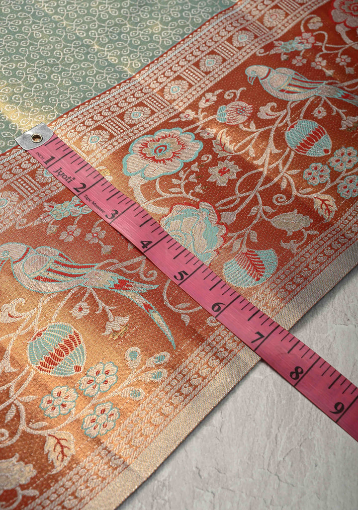 Mint Green Rangoli Brocade Kanjivaram Tissue Semi Silk Saree with Meenakari Zari Border