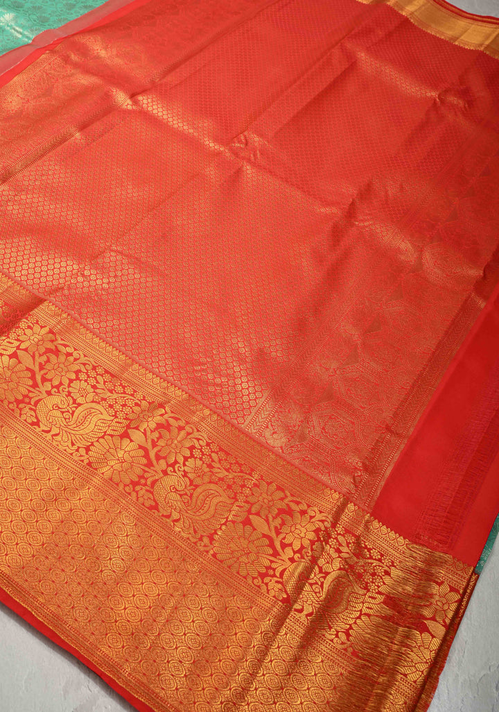 Mint Aqua Kanjivaram Pure Silk Saree with  Silver Floral Jaal and Contrast Red Border | SILK MARK CERTIFIED | Shobitam