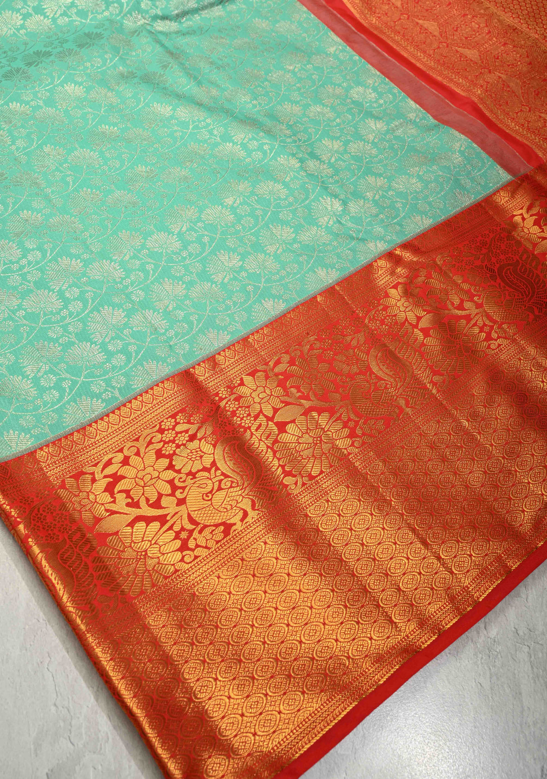 Mint Aqua Kanjivaram Pure Silk Saree with  Silver Floral Jaal and Contrast Red Border | SILK MARK CERTIFIED | Shobitam