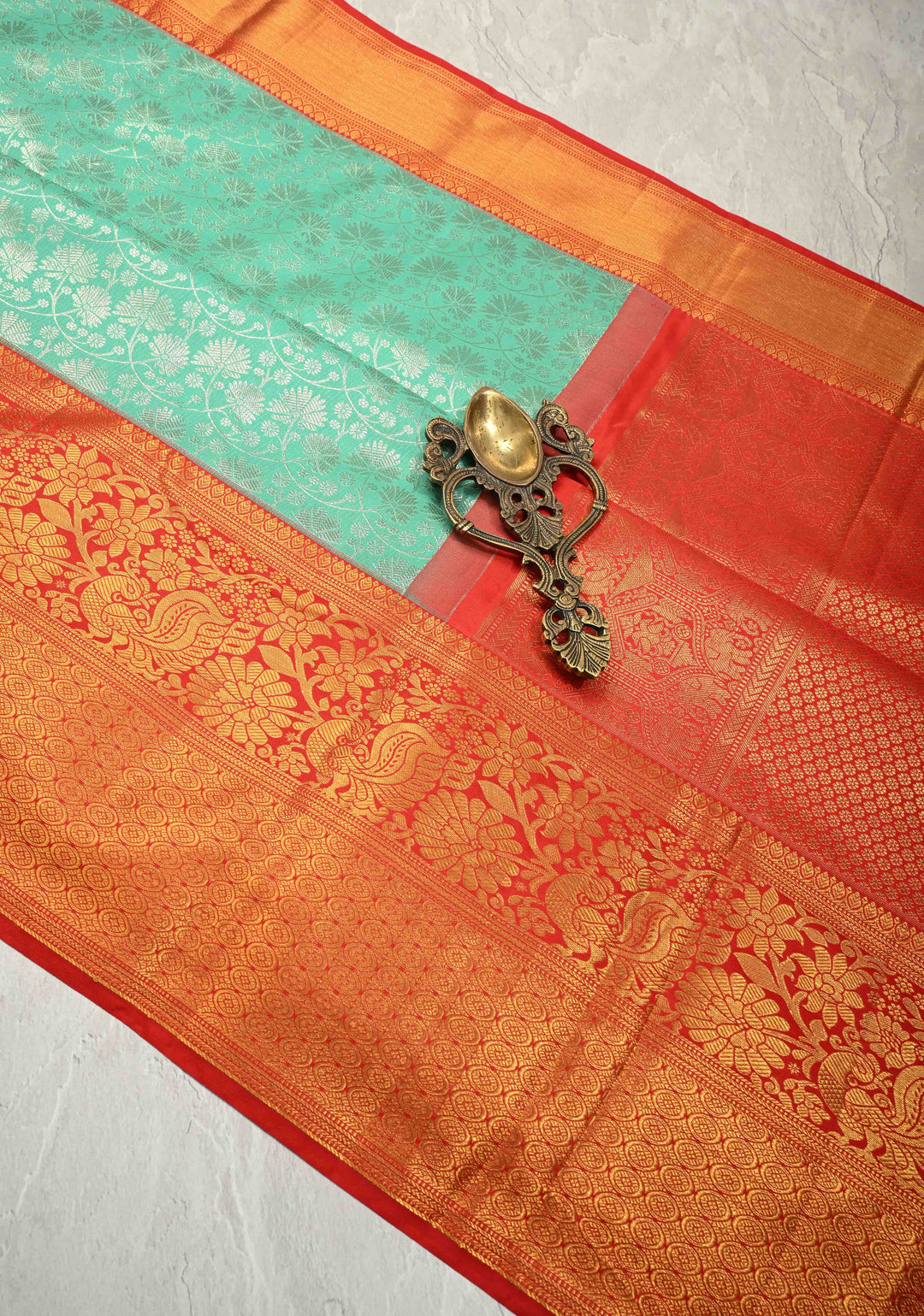Mint Aqua Kanjivaram Pure Silk Saree with  Silver Floral Jaal and Contrast Red Border | SILK MARK CERTIFIED | Shobitam