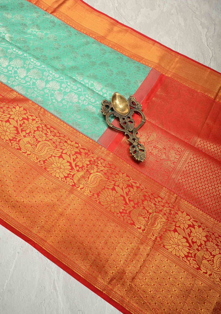 Mint Aqua Kanjivaram Pure Silk Saree with  Silver Floral Jaal and Contrast Red Border | SILK MARK CERTIFIED | Shobitam