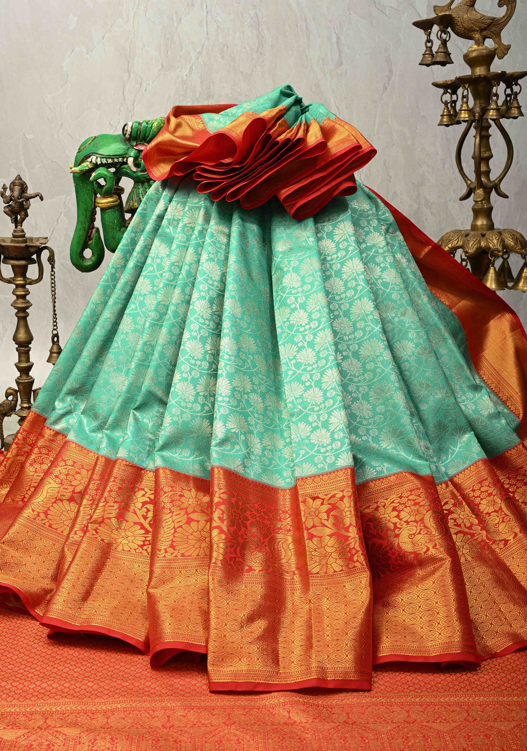 Mint Aqua Kanjivaram Pure Silk Saree with  Silver Floral Jaal and Contrast Red Border | SILK MARK CERTIFIED | Shobitam