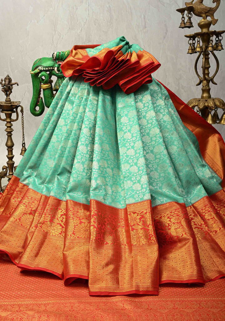 Mint Aqua Kanjivaram Pure Silk Saree with  Silver Floral Jaal and Contrast Red Border | SILK MARK CERTIFIED | Shobitam