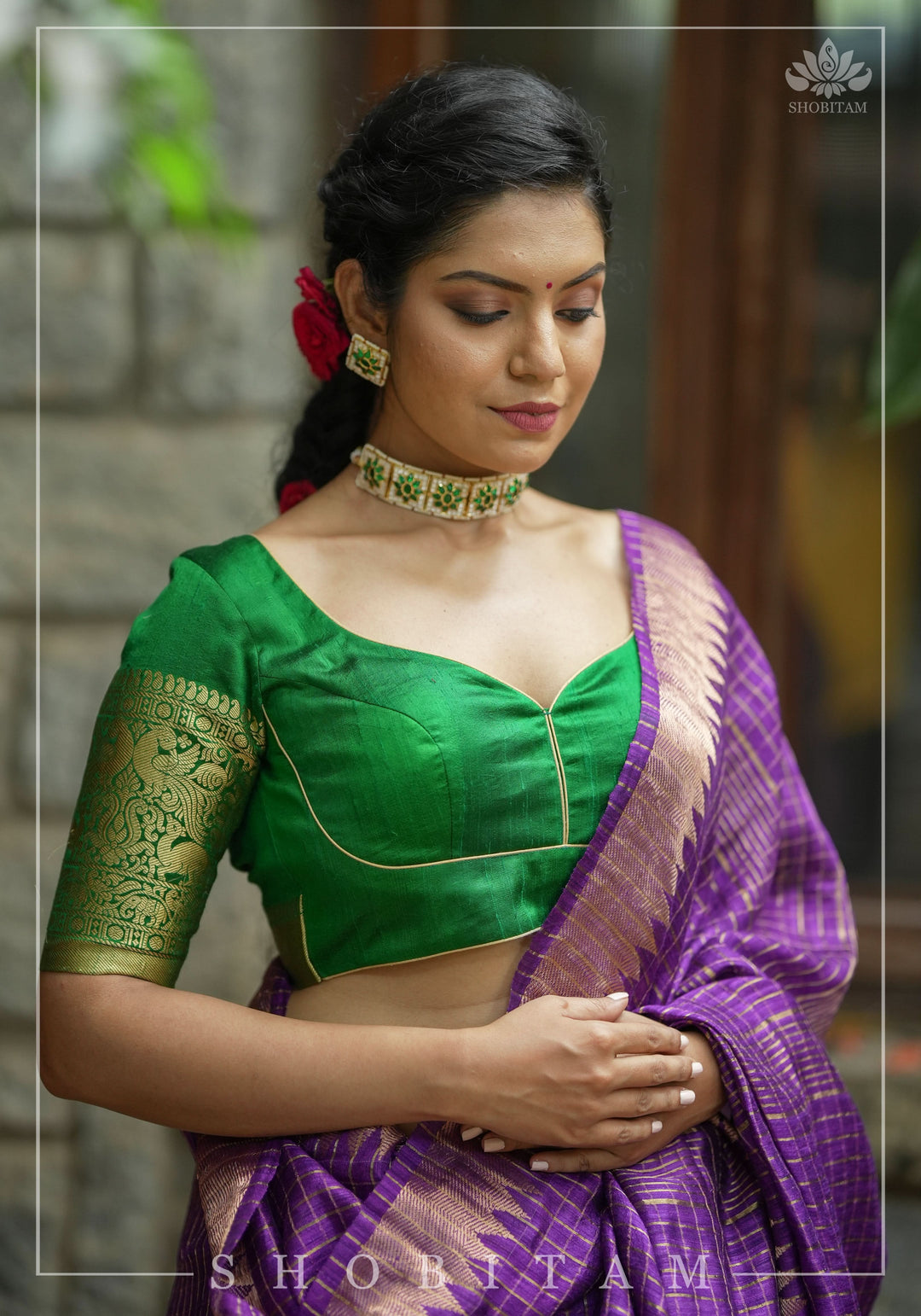 Green Pure Raw Silk Blouse with Leaf Neck, Choli Cut with