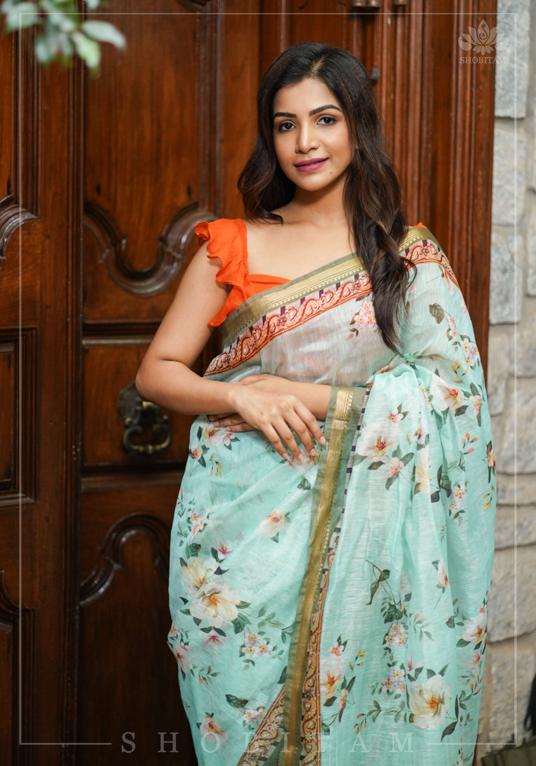 Aqua Silk Linen Saree with Floral Digital Print | Shobitam