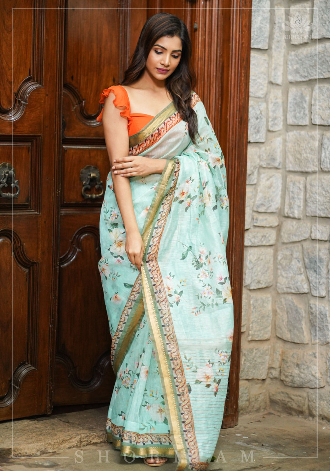 Aqua Silk Linen Saree with Floral Digital Print | Shobitam