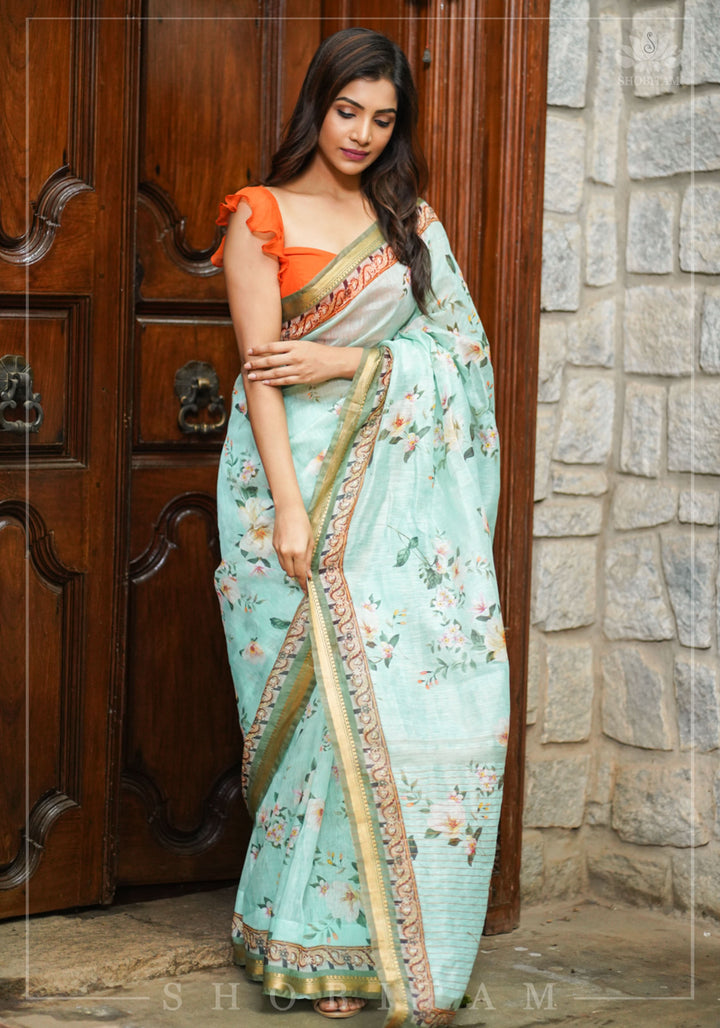 Aqua Silk Linen Saree with Floral Digital Print | Shobitam