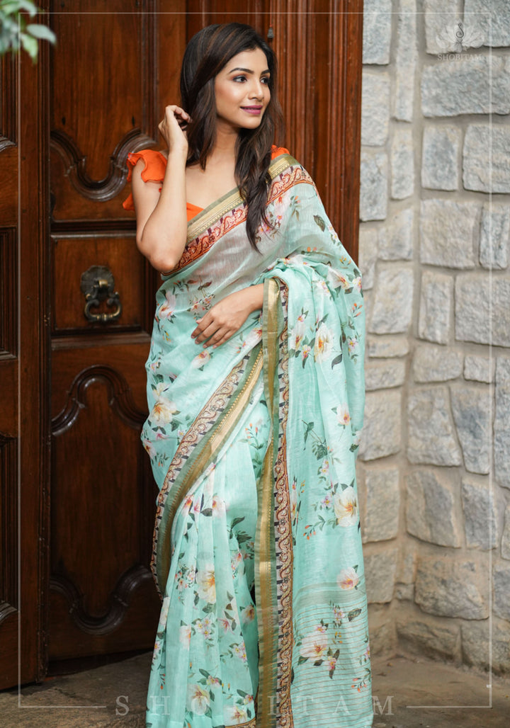 Aqua Silk Linen Saree with Floral Digital Print | Shobitam