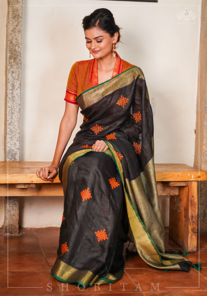 Black Linen by Linen Saree with Vermillion Rangoli Embroidery