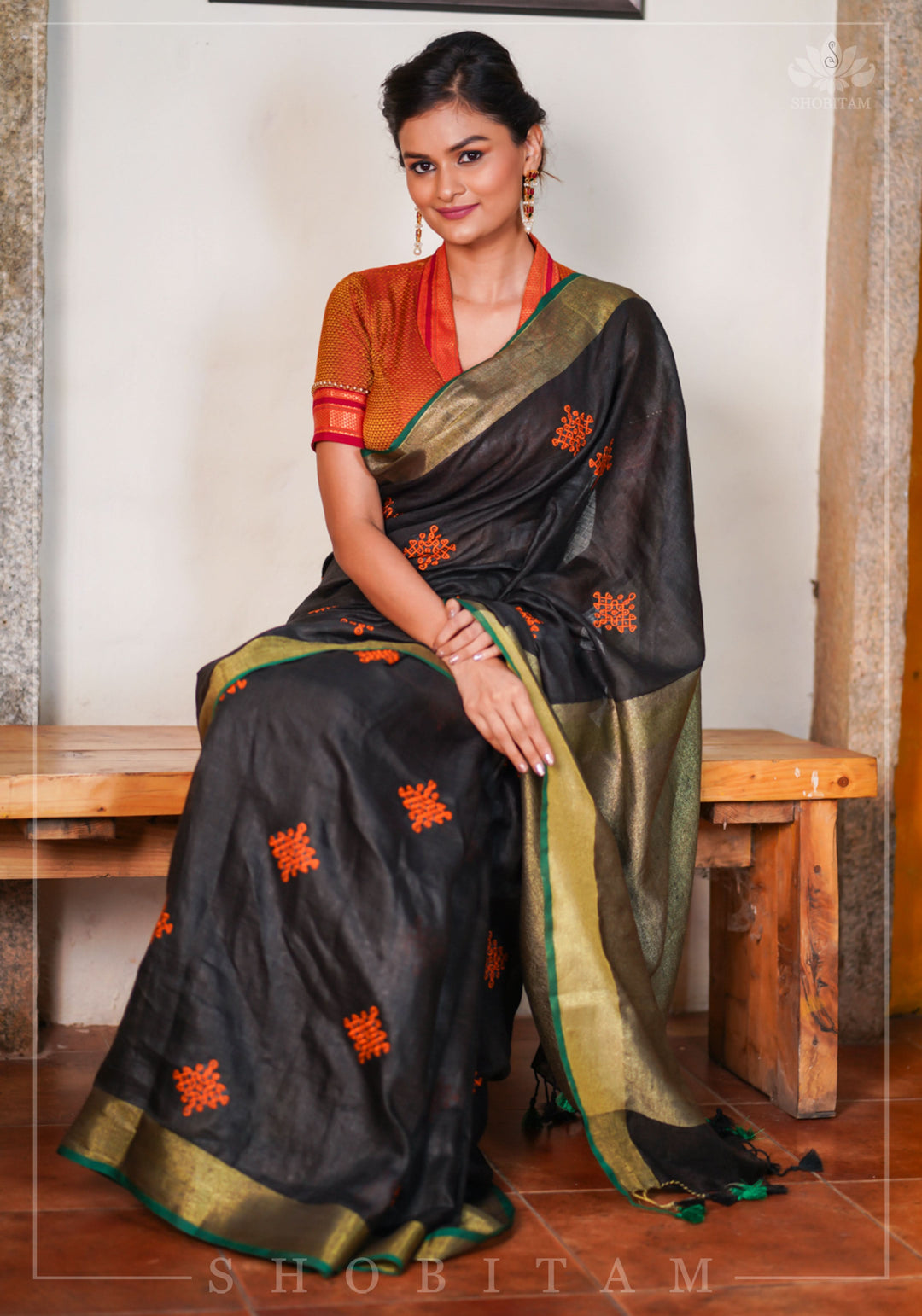 Black Linen by Linen Saree with Vermillion Rangoli Embroidery