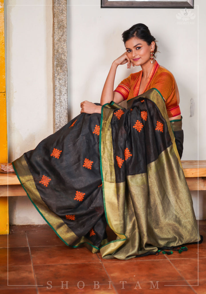 Black Linen by Linen Saree with Vermillion Rangoli Embroidery