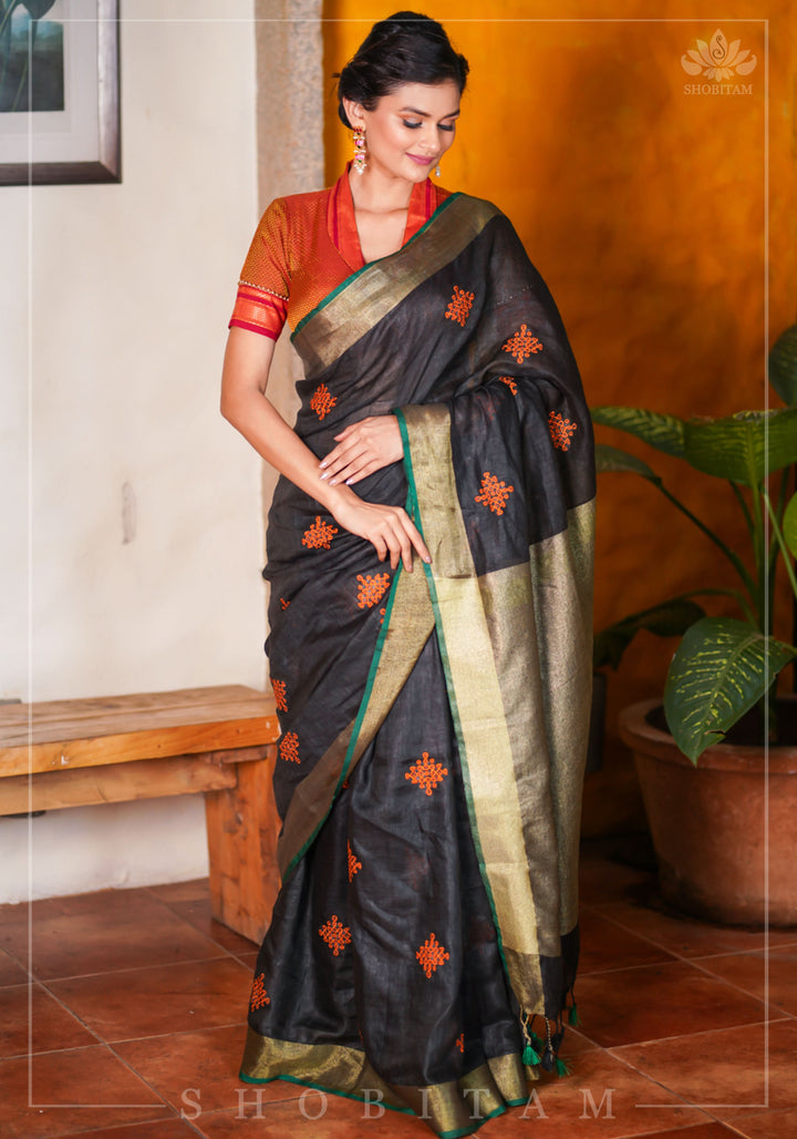 Black Linen by Linen Saree with Vermillion Rangoli Embroidery