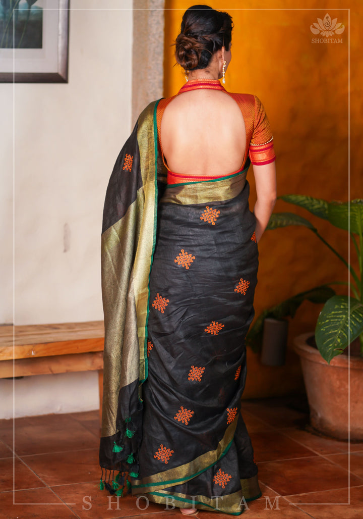 Black Linen by Linen Saree with Vermillion Rangoli Embroidery