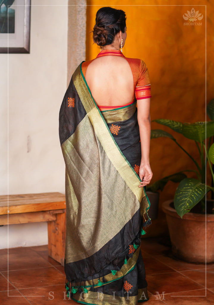 Black Linen by Linen Saree with Vermillion Rangoli Embroidery