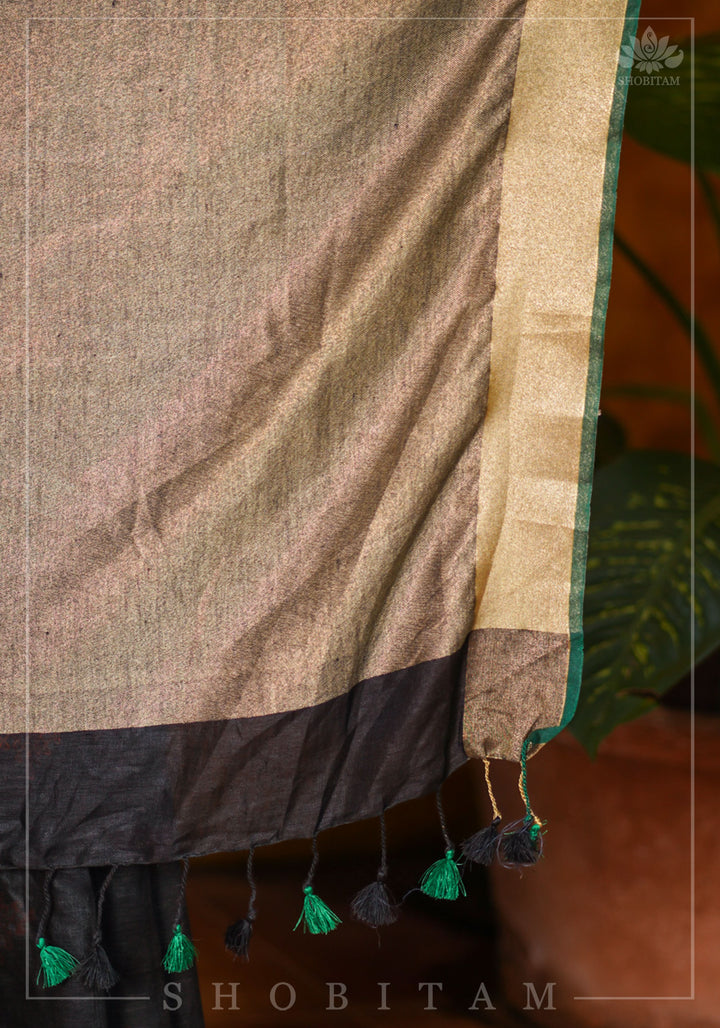 Black Linen by Linen Saree with Vermillion Rangoli Embroidery