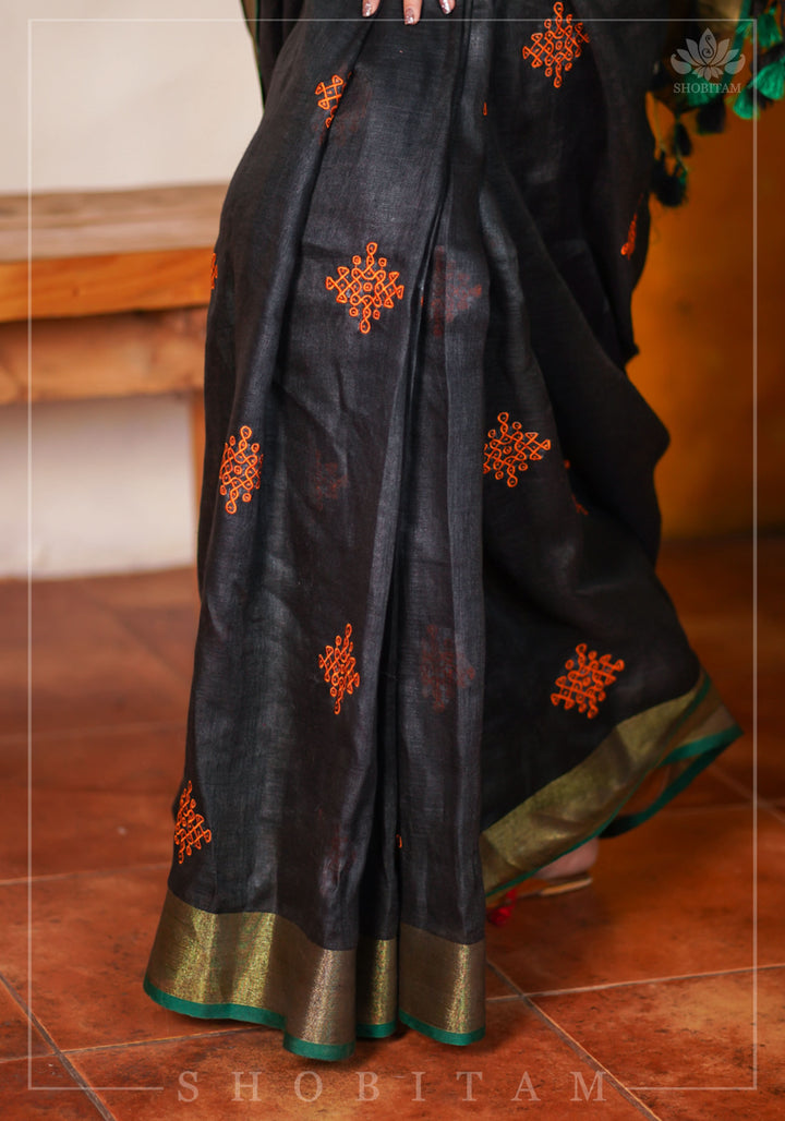 Black Linen by Linen Saree with Vermillion Rangoli Embroidery