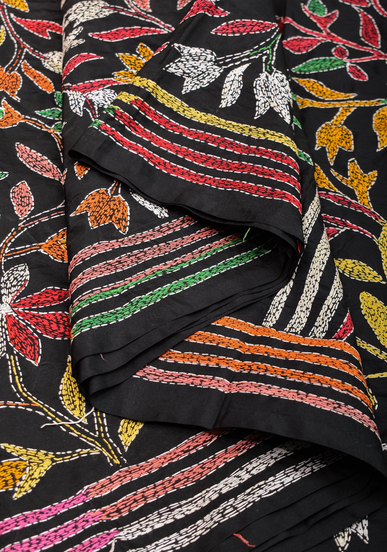 Black Kantha Saree with Colourful Flowers