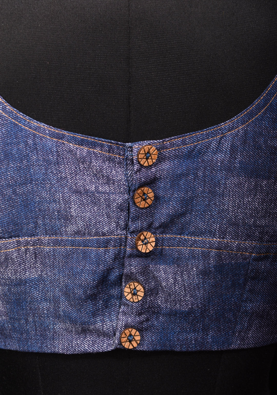 Denim Cotton Boat neck Sleeveless Blouse with Wooden Buttons