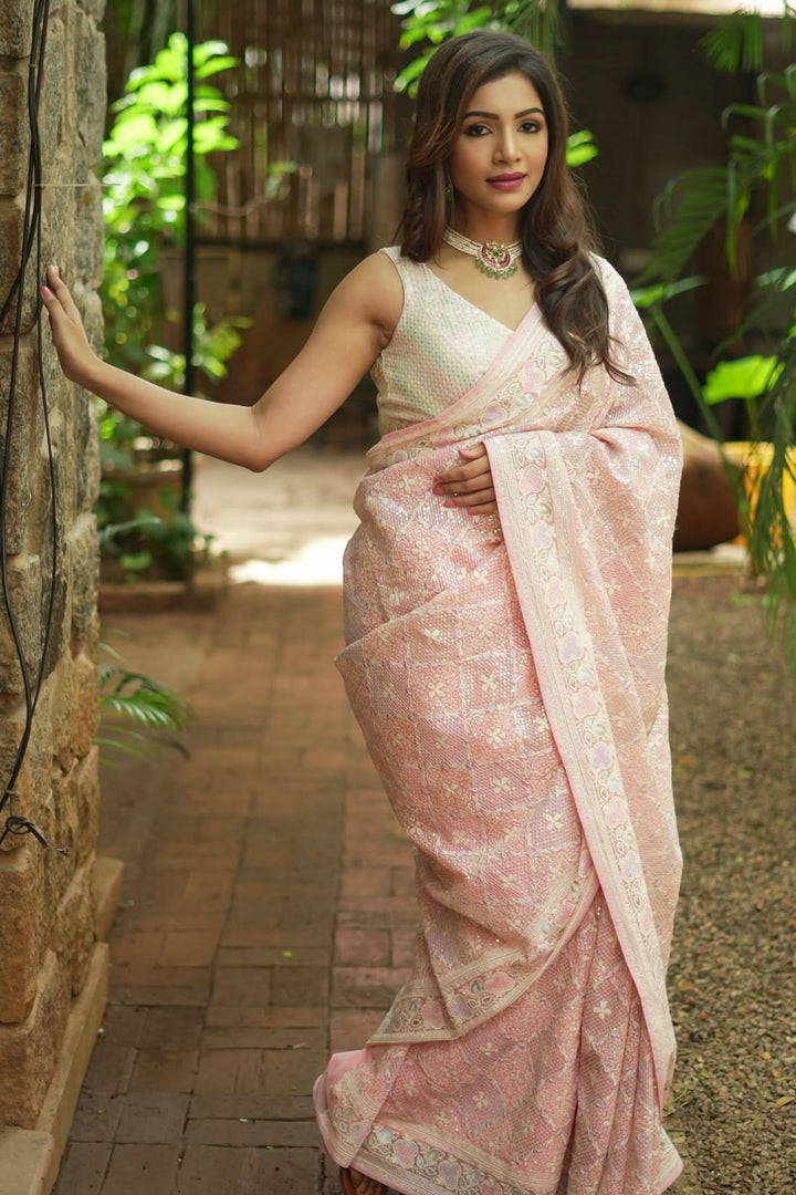 Beautiful Machine embroidery and Sequin on Dusty Pink Georgette | Shobitam