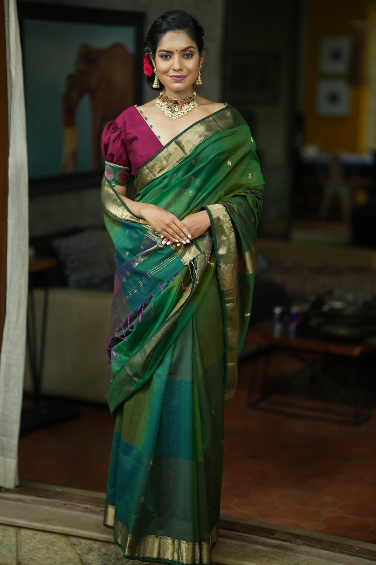 Bottle Green Satin Silk Saree With Handmade Tassels On Pallu