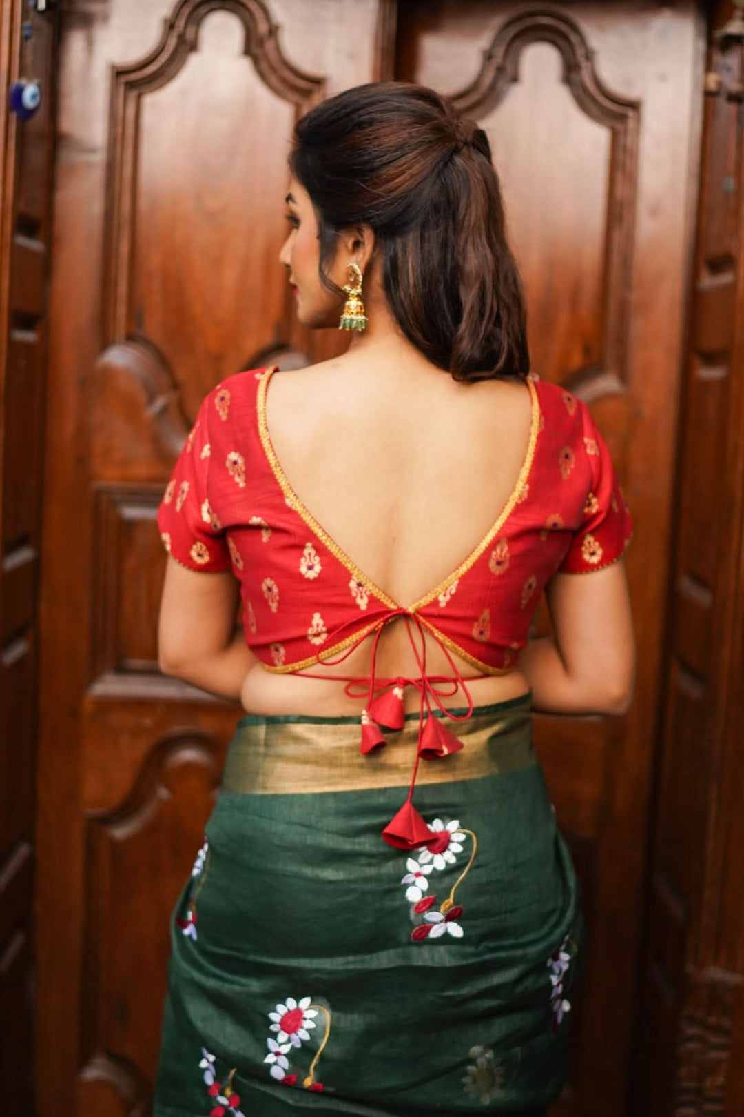 Deep V Neck Tie Back Blouse in Red with Gold Motifs! - Shobitam, image size:1080x1620