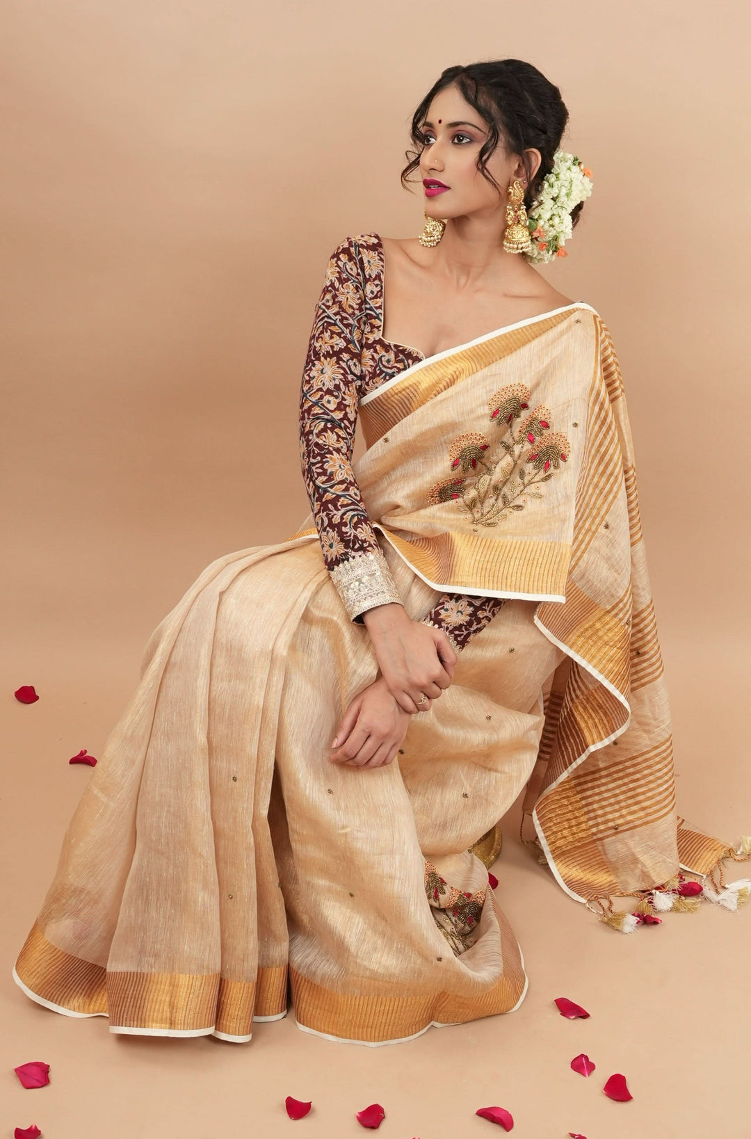 FREE BLOUSE with exclusive highly comfortable linen hand work saree hotsell gift for her.