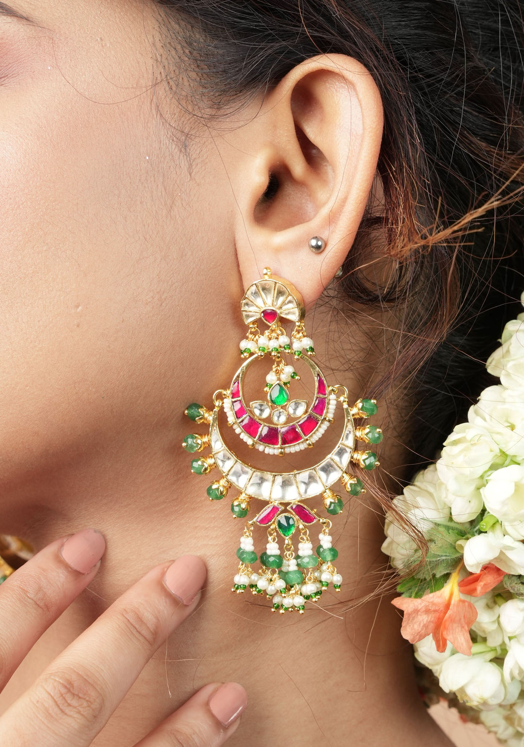 Chandbali Earrings with Red, White and Green Stones embedded in