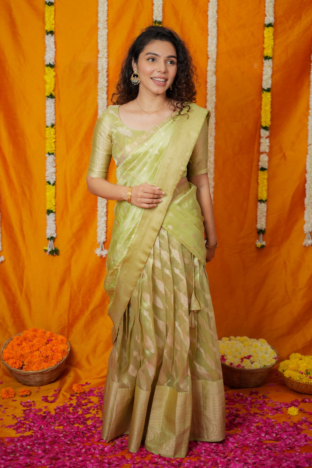 Aalaya Green Banarasi Half Saree Set | Made to Order | Shobitam