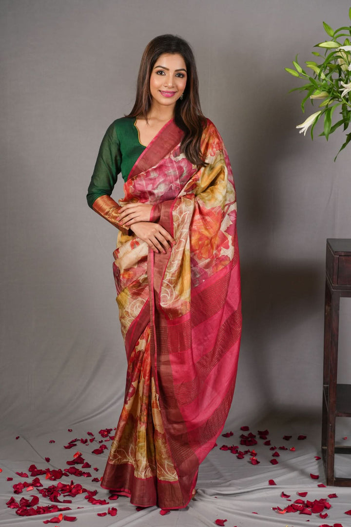 Jari Tussar Silk Saree with Floral Digital Print in Beige | SILK MARK CERTIFIED jii
