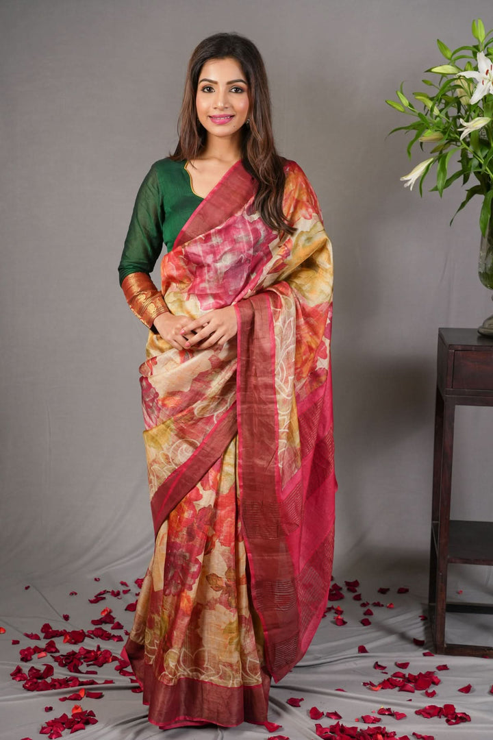 Jari Tussar Silk Saree with Floral Digital Print in Beige | SILK MARK CERTIFIED jii