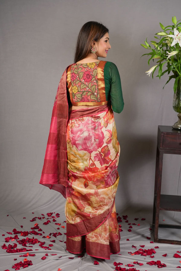 Jari Tussar Silk Saree with Floral Digital Print in Beige | SILK MARK CERTIFIED jii