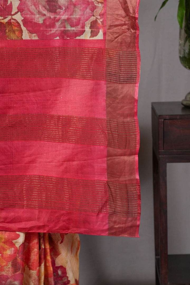 Jari Tussar Silk Saree with Floral Digital Print in Beige | SILK MARK CERTIFIED jii