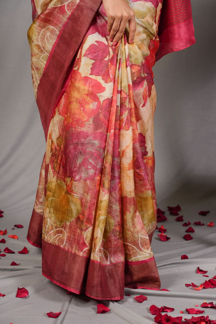 Jari Tussar Silk Saree with Floral Digital Print in Beige | SILK MARK CERTIFIED jii