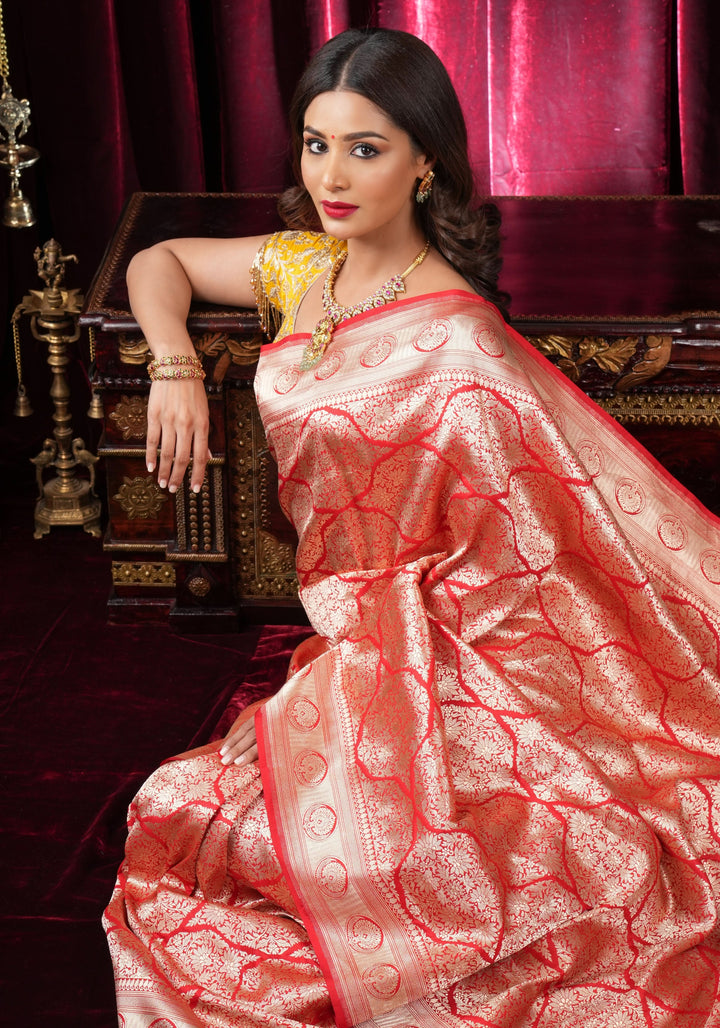 Magnificent Banarasi Katan Silk saree in Red with Persian Trellis Jaal  | SILK MARK CERTIFIED