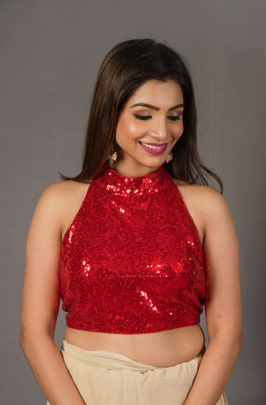 Sequin Halter neck and backless design Blouse in Red Shobitam