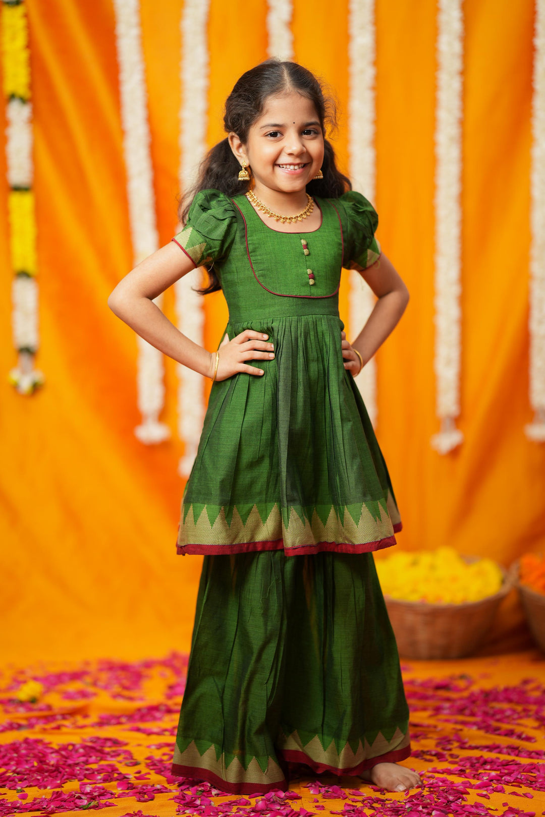 Ezhili Green Handloom kids mini | Made To Order