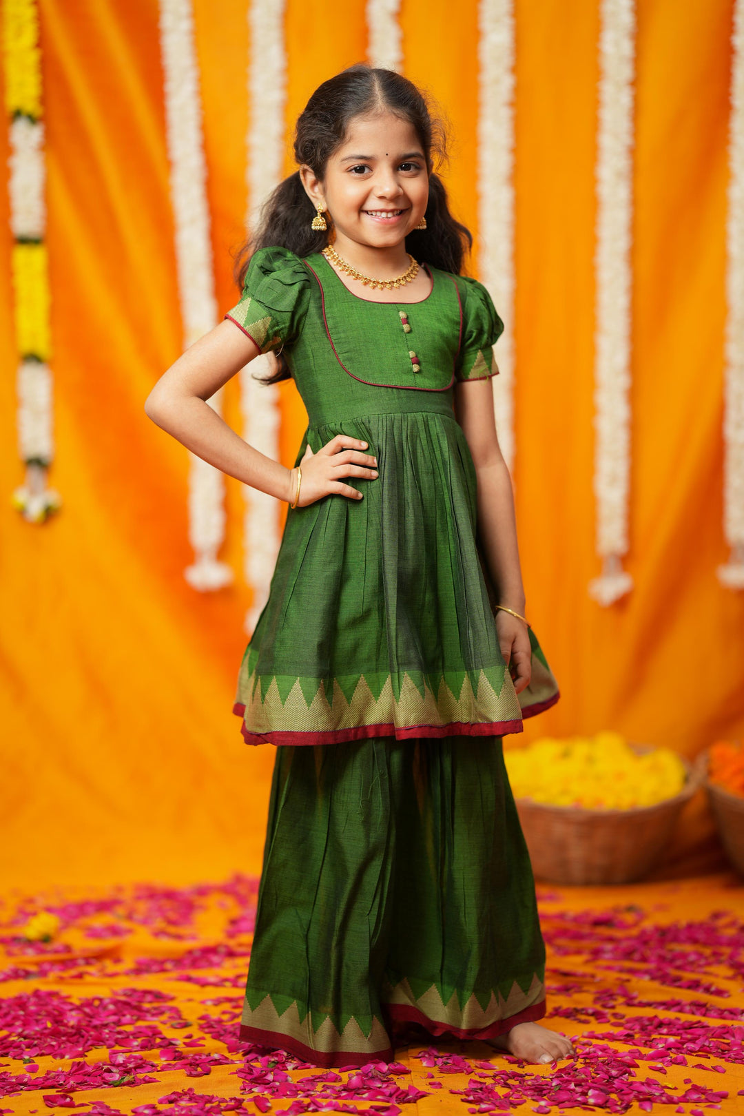 Ezhili Green Handloom kids mini | Made To Order