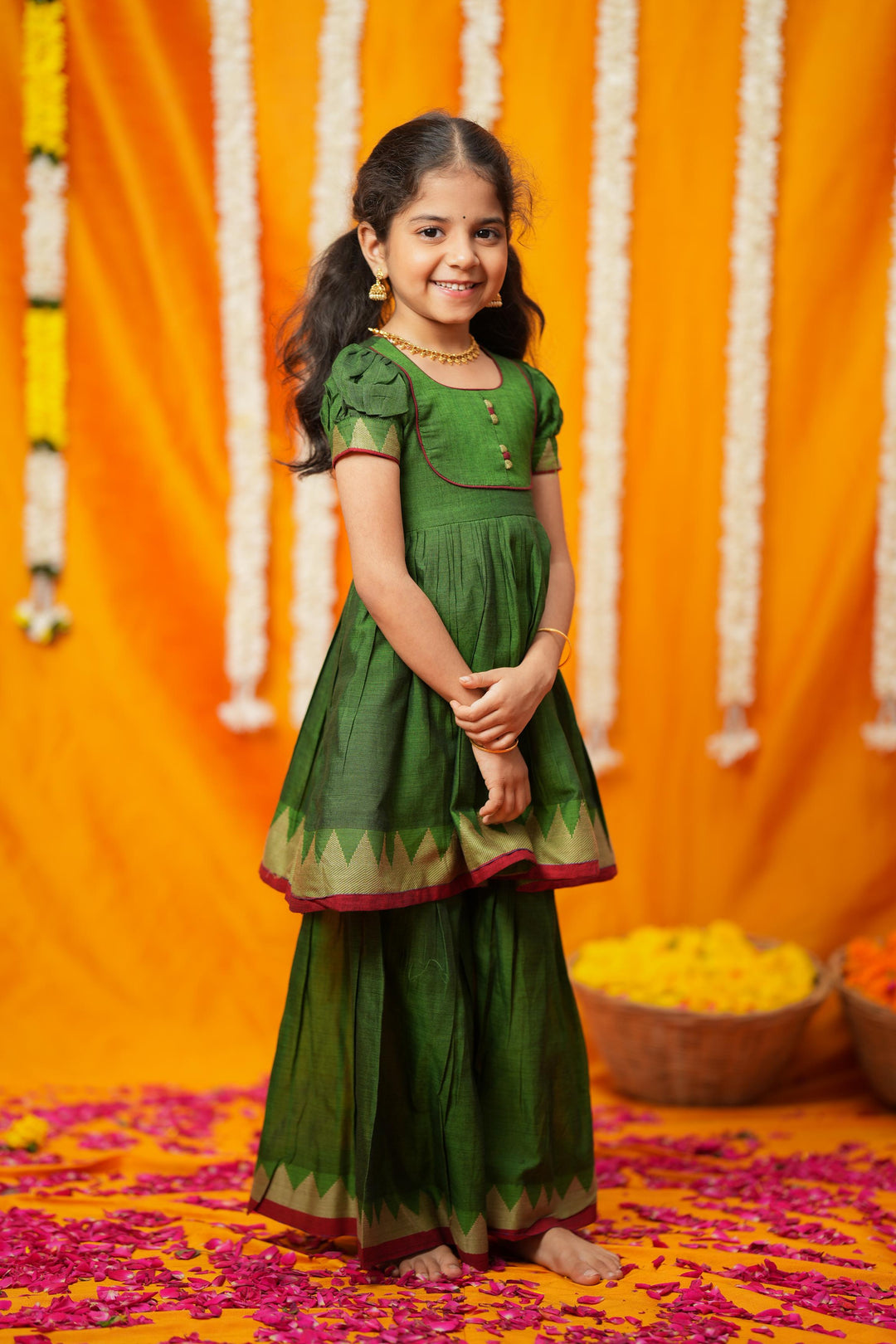 Ezhili Green Handloom kids mini | Made To Order