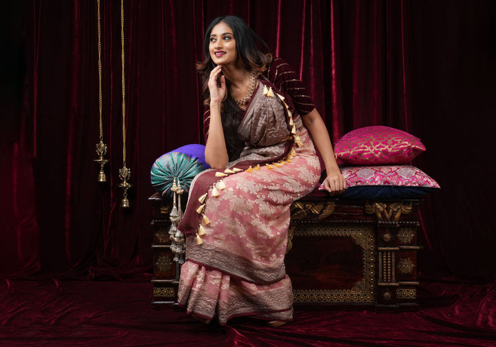 Dusty Rose Pure Georgette  Silk Banarasi Saree  with rose Jaal Weave Zari | SILK MARK CERTIFIED