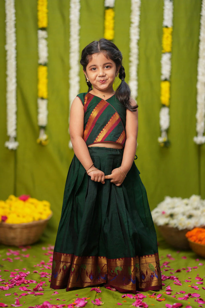 Cavery Green Handlloom Top & Skirt Mini | Made To Order