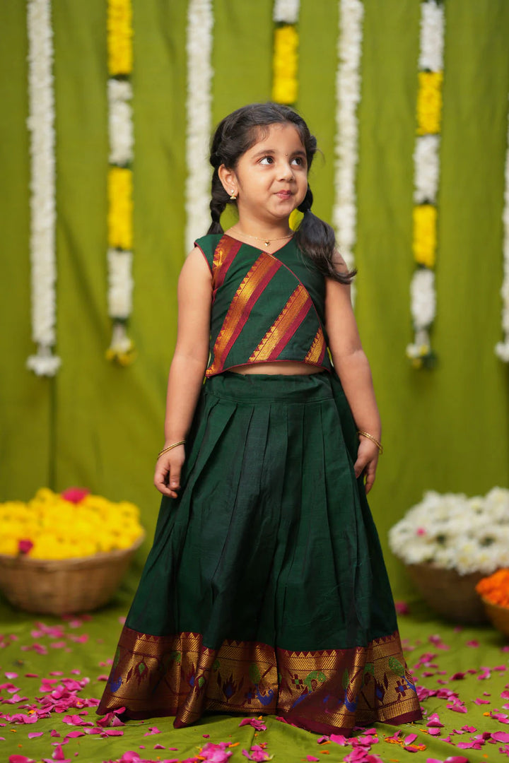 Cavery Green Handlloom Top & Skirt Mini | Made To Order