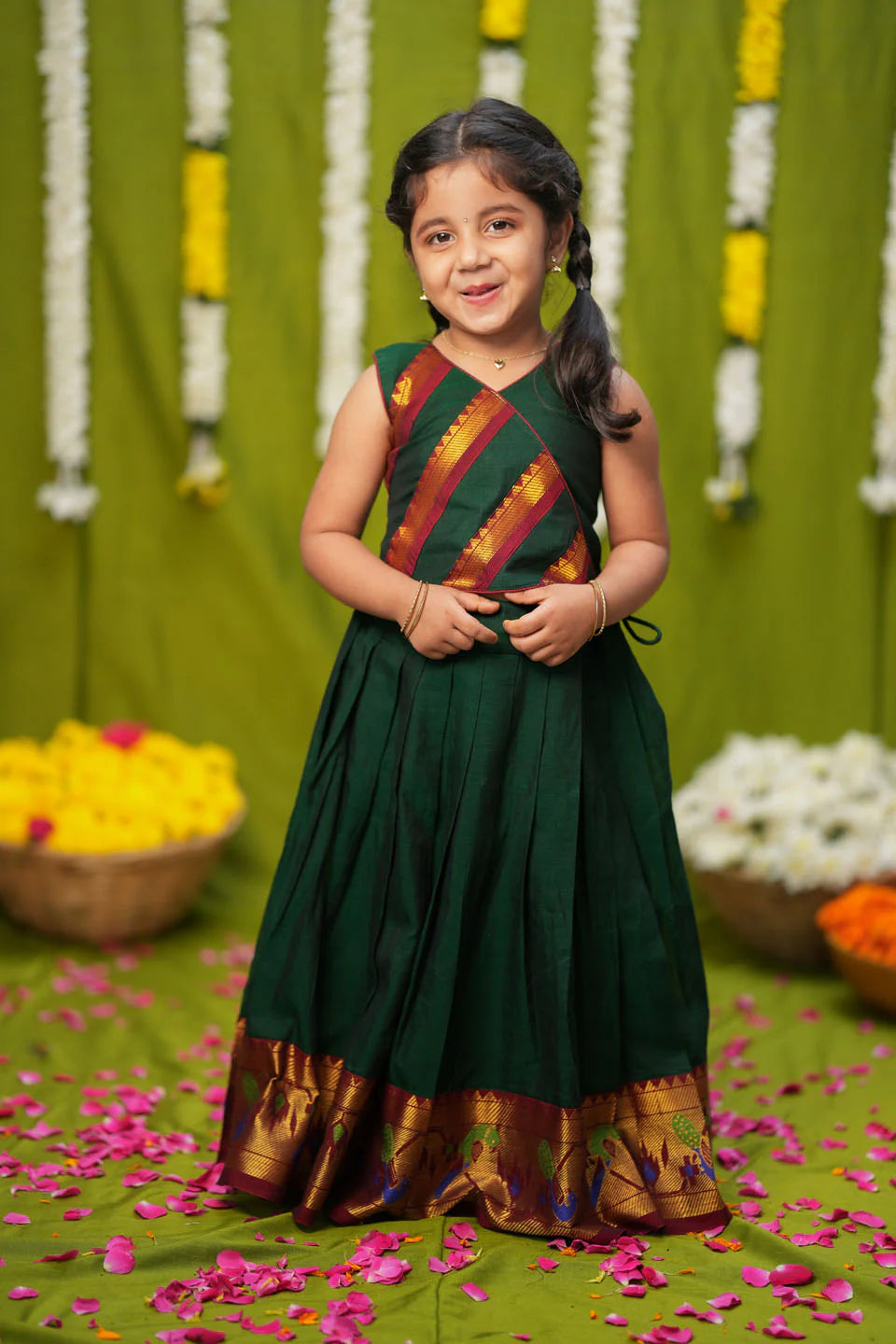 Cavery Green Handlloom Top & Skirt Mini | Made To Order