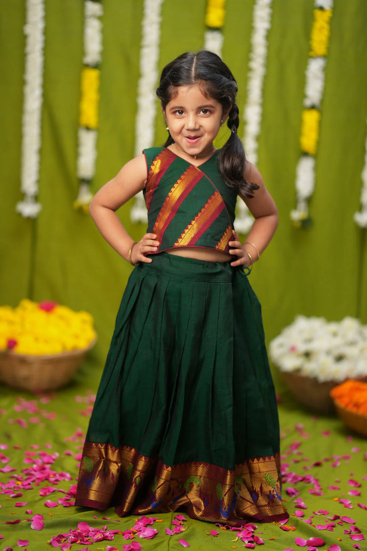 Cavery Green Handlloom Top & Skirt Mini | Made To Order