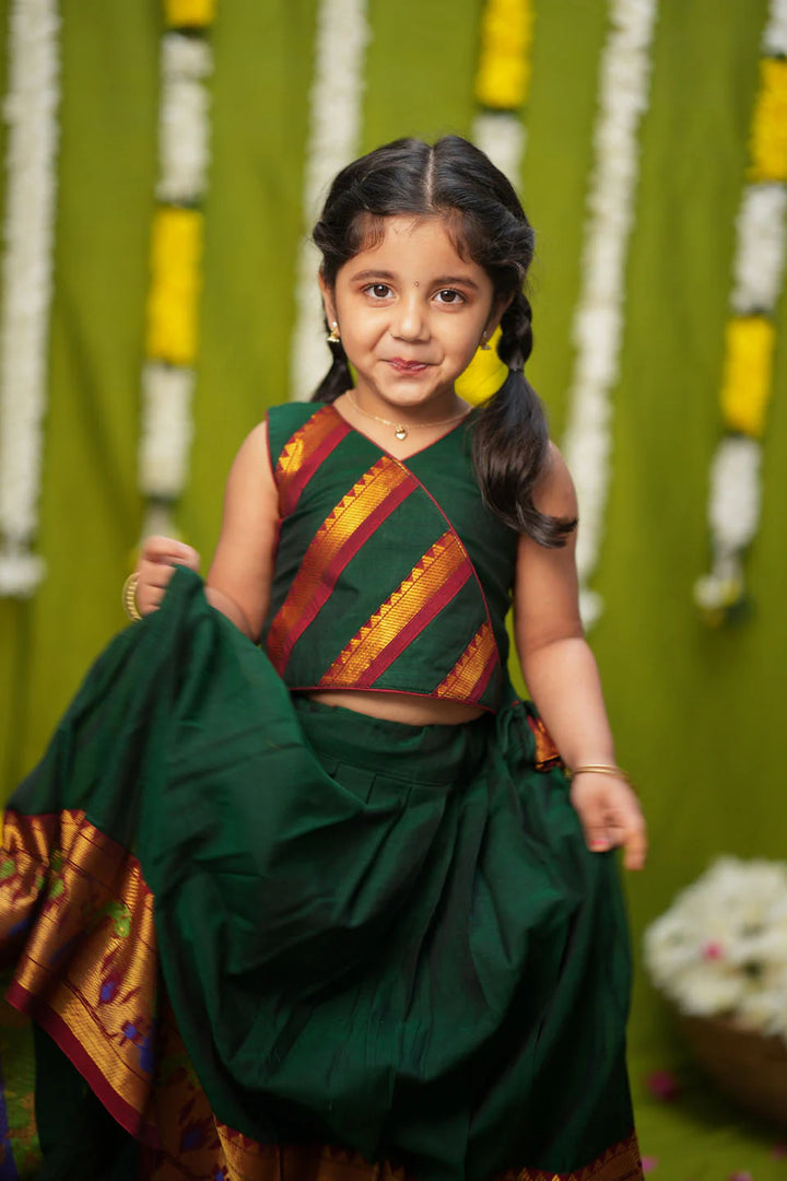 Cavery Green Handlloom Top & Skirt Mini | Made To Order