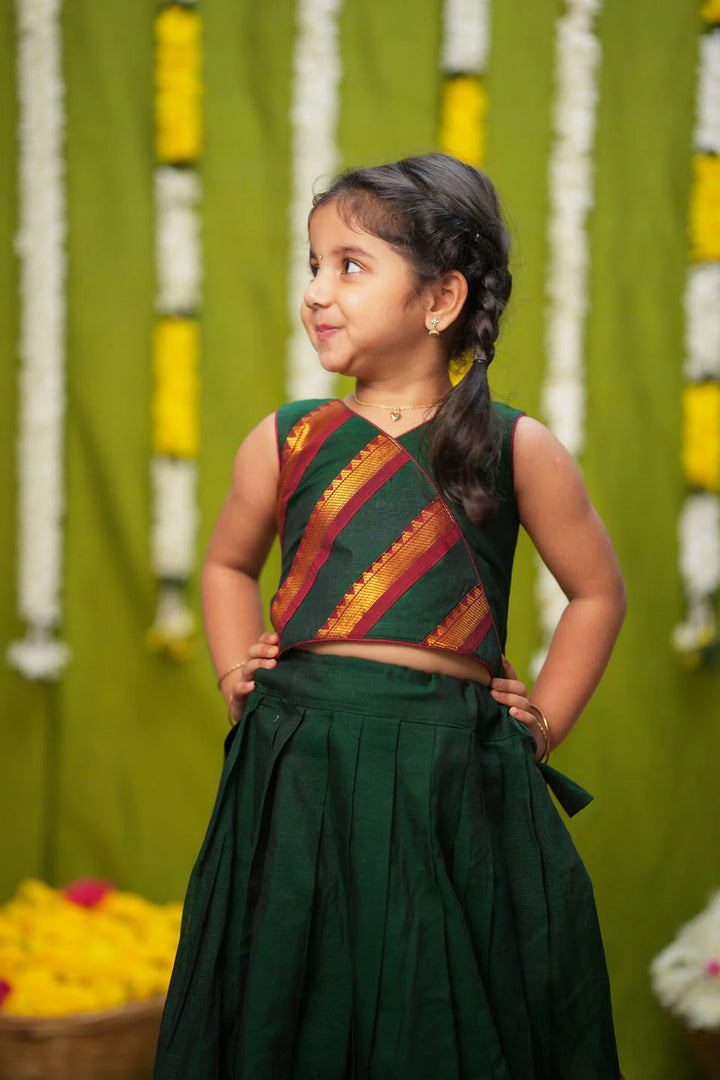 Cavery Green Handlloom Top & Skirt Mini | Made To Order